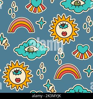Carino cartoon groovy arcobaleno sole nuvola adesivo vettore senza cuciture motivo. Immagine di sfondo retrò hippie Illustrazione Vettoriale