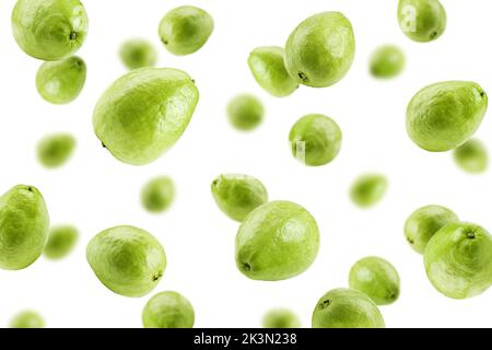 Guava cadente isolato su sfondo bianco, fuoco selettivo Foto Stock