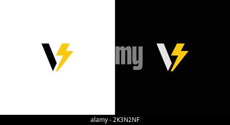 Un logo con lettera V con fulmini su sfondi bianchi e neri Illustrazione Vettoriale
