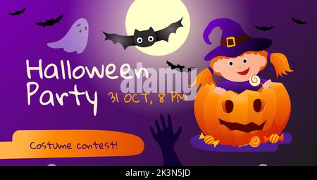 Halloween festa invito banner design. Banner per post, volantini o poster sui social media. Ragazza carina in costume da strega con zucca e pipistrelli su sfondo viola scuro. Illustrazione vettoriale spettrale. Illustrazione Vettoriale