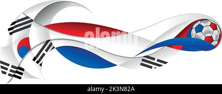 Pallone da calcio rosso blu e bianco che lascia un astratto sentiero ondulato con i colori della bandiera sudcoreana su sfondo bianco. Immagine vettoriale Illustrazione Vettoriale