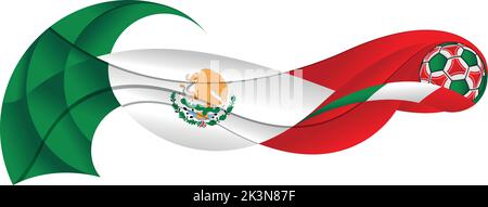 Palla di calcio verde bianca e rossa che lascia un percorso astratto sotto forma di ondulazione con i colori della bandiera del Messico su uno sfondo bianco. Im. Vettore Illustrazione Vettoriale