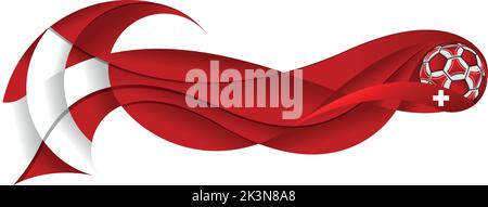 Pallone da calcio bianco e rosso che lascia un astratto sentiero ondulato con i colori della bandiera svizzera su sfondo bianco. Immagine vettoriale Illustrazione Vettoriale