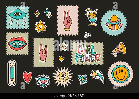 Set di adesivi vettoriali groovy hippy carino retro cartoon. Mano segno fresco nuvola occhio labbra bacio raccolta di fiori Illustrazione Vettoriale