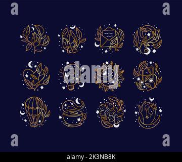 Set di logo femminile celeste, collezione di icone femminili con stelle lunari, moda, viaggi e simboli vettoriali di segni a mano Illustrazione Vettoriale