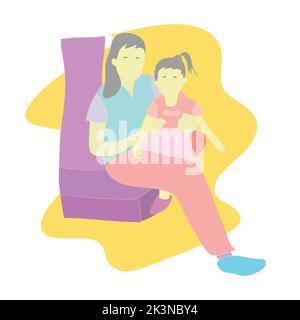 Un vettore di figlia e madre seduto su un divano isolato su sfondo bianco Illustrazione Vettoriale