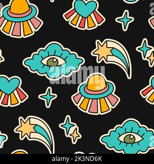 Carino fumetto groovy nuvola, ufo, stella adesivo vettore senza cuciture motivo. Immagine di sfondo retrò hippie Illustrazione Vettoriale