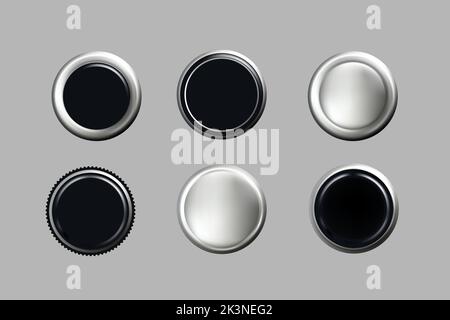 Set di 3D bottoni in lamina d'argento. Vector francobollo dorato elegante collezione metallizzata lucida Illustrazione Vettoriale