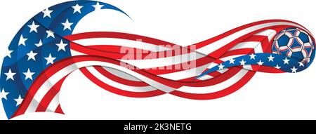 Pallone da calcio rosso blu e bianco che lascia un sentiero ondulato con i colori della bandiera USA su sfondo bianco. Immagine vettoriale Illustrazione Vettoriale