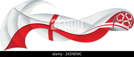 Pallone da calcio bianco e rosso che lascia un sentiero astratto sotto forma di ondulazione con i colori della bandiera inglese su uno sfondo bianco. Immagine vettoriale Illustrazione Vettoriale