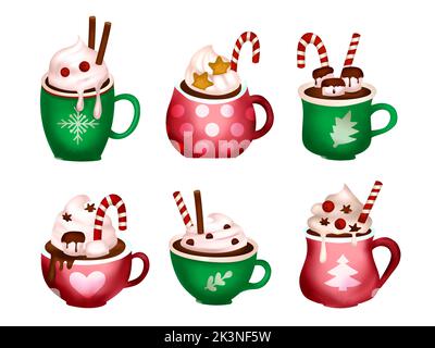 Cioccolata calda tazza caffè di Natale 3D cartone vettore latte bevanda set vettore Illustrazione Vettoriale