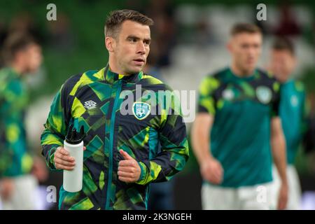 Dublino, Irlanda. 27th Set, 2022. Seamus Coleman of Ireland durante la UEFA Nations League, League B, partita di gruppo 1 tra Repubblica d'Irlanda e Armenia allo stadio Aviva di Dublino, Irlanda, il 27 settembre 2022 (Photo by Andrew SURMA/ Credit: Sipa USA/Alamy Live News Foto Stock