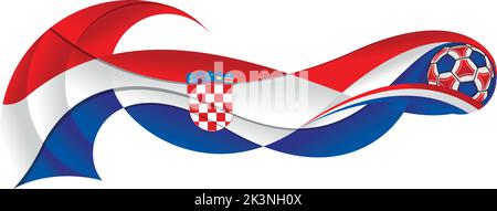Pallina da calcio rossa, bianca e blu che lascia un sentiero ondulato con i colori della bandiera croata su sfondo bianco. Immagine vettoriale Illustrazione Vettoriale