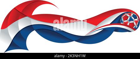 Pallina da calcio rossa bianca e blu che lascia un percorso astratto sotto forma di ondulazione con i colori della bandiera dei Paesi Bassi su uno sfondo bianco. Illustrazione Vettoriale