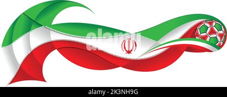 Palla di calcio verde bianca e rossa che lascia un percorso astratto sotto forma di ondulazione con i colori della bandiera iraniana su uno sfondo bianco. Imag. Vettore Illustrazione Vettoriale