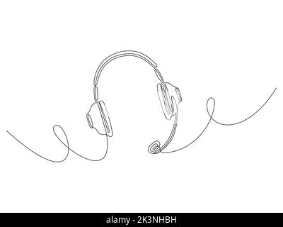 Cuffie linea continua arte disegno a mano simbolo gadget musica. Vettore isolato su bianco. Illustrazione Vettoriale