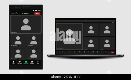 Interfaccia utente per videoconferenze. Conferenza online. Video call screen mockup. Videoconferenza. Interfaccia del kit mockup. Illustrazione Vettoriale