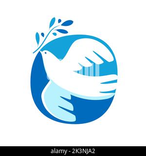 Colomba con logo o emblema di rametto di oliva. Simbolo di pace e libertà vettore. Uccello, piccione che tiene pianta twig icona Illustrazione Vettoriale