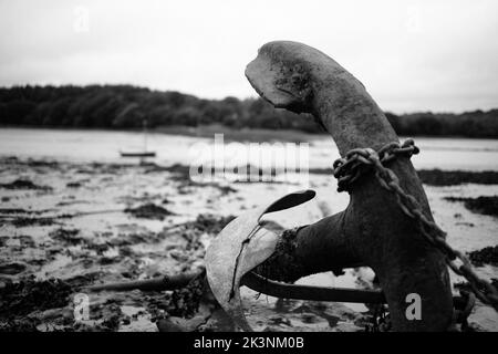 Un colpo in scala di grigi di un arrugginito Antique Boat Anchor stucking nel fango lungo il fiume Foto Stock
