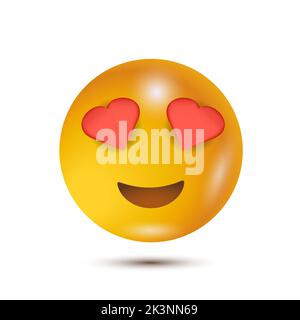 Occhi di cuore. Emoticon giallo divertente. Design di carattere emoticon sorridente. Emoticon 3D per il web. Per la collezione di personaggi emoticon. Per app Illustrazione Vettoriale
