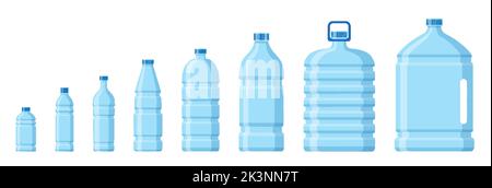 Set di bottiglie d'acqua in plastica. Contenitore trasparente per prodotti liquidi di varie forme. Pallone da imballaggio puro per riciclaggio blu acqua realistico isolato su sfondo bianco. Bicchiere di vetro pulito per bevande Illustrazione Vettoriale