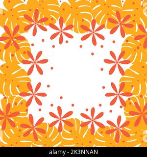 Cornice quadrata colorata con elementi disegnati a mano come fiori, foglie esotiche monstera in colori autunnali alla moda. CopySpace. Ottimo per poster, auguri, cartoline, prezzi, banner. Stile di vita. Isolare Illustrazione Vettoriale
