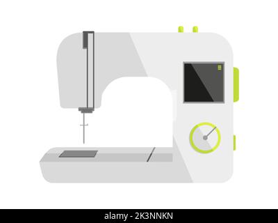 Macchina da cucire automatica elettrica piatta bianca. Ago display controllo seamstress creazione di abiti hobby artigianato su misura prodotto tessile attrezzatura fatta a mano sopravvivenza designer stilista icona atelier isolato Illustrazione Vettoriale