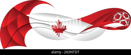 Pallone da calcio bianco e rosso che lascia un astratto sentiero ondulato con i colori della bandiera canadese su uno sfondo bianco. Immagine vettoriale Illustrazione Vettoriale