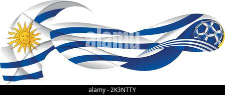 Pallone da calcio rosso blu e bianco che lascia un astratto sentiero ondulato con i colori della bandiera Uruguay su sfondo bianco. Immagine vettoriale Illustrazione Vettoriale