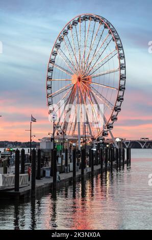 Tramonto sulla ruota panoramica al National Harbor di Washington DC, USA Foto Stock