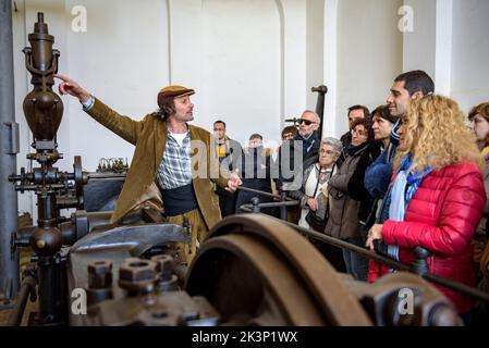 Vecchi telai esposti nella fabbrica del museo della città Colònia Vidal società (Puig-reig, Bergued, Barcellona, Catalogna, Spagna) Foto Stock