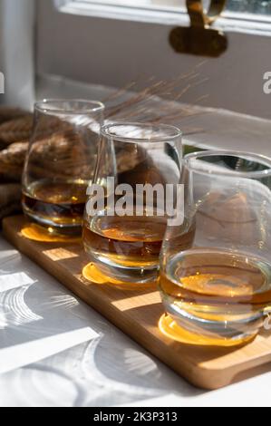 Volo di singolo malto e whisky misto scotch servito su una vecchia davanzale in legno nella Scottisch House a Edimburgo, Scozia, Regno Unito, dram di whisky Foto Stock