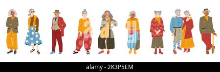 Anziani moderni, donne anziane e uomini in abiti di moda. Nonne felici e nonni in abbigliamento casual alla moda isolato su sfondo bianco, vettore piatto illustrazione Illustrazione Vettoriale