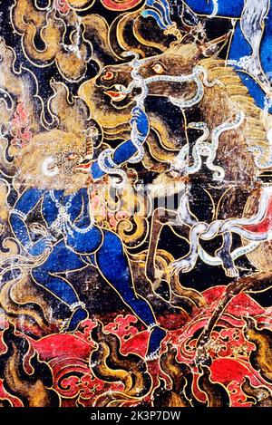 Thangka, pittura buddista tibetana, Makaravaktra che conduce i muli di Lhamo Man-'brisser-ma, Monastero di Likir a Ladakh, India Foto Stock