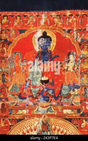 Thangka, pittura buddista tibetana, quattro divinità stile Guge, Ladakh 16th ° secolo, India Foto Stock