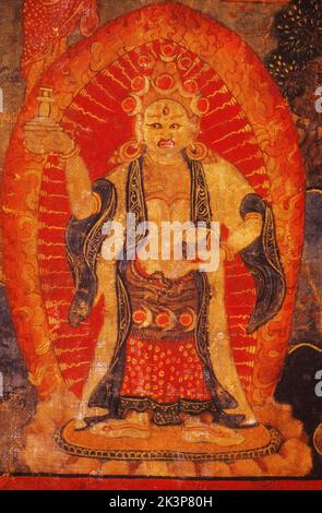 Thangka, dipinto buddista tibetano, dettaglio del 24490: Divinità in basso a sinistra sMan-'brisser-ma, 18th ° secolo Foto Stock