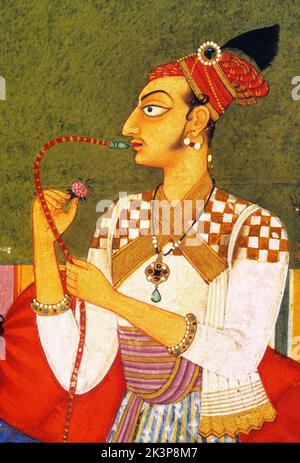 India: Kochi, 1685, Raja Medini Pal fumo hookah, dettaglio Foto Stock