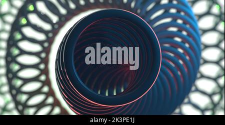 3D rendering di sequenze di oggetti circolari in modello a spirale simile a bobina o tunnel; con luce ambiente multicolore su sfondo bianco; un lavoro o Foto Stock