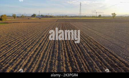 coltivatore con trattore livellare terra in campagna. Foto Stock