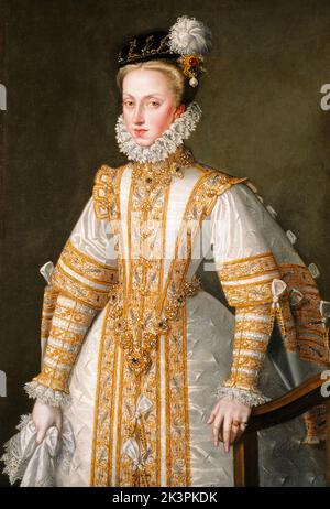 Anna d'Austria (1549-1580), regina consorte di Spagna per matrimonio con lo zio re Filippo II di Spagna, anche brevemente regina consorte di Portogallo (settembre-ottobre 1580), ritratto dipinto ad olio su tela di Alonso Sánchez Coello, circa 1571 Foto Stock