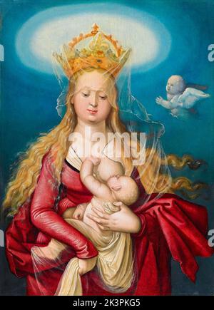 La Vergine, come la Regina del Cielo, succhia il Cristo bambino, Pittura in olio su calcarea di Hans Baldung Grien, 1517-1518 Foto Stock