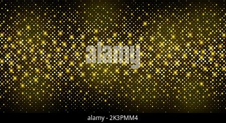Sfondo punteggiato brillante oro glitter mezzitoni. Orizzontale panoramica festosa illustrazione astratta con scintillanti cerchi dorati. Esplosione dorata di Foto Stock
