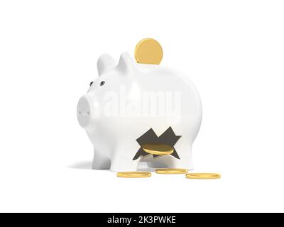 Piggy Bank isolato su sfondo bianco. Perdite di denaro. Monete d'oro. illustrazione 3d. Foto Stock