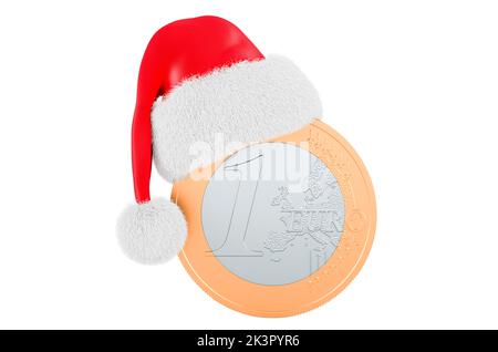 Moneta Euro con cappello rosso di Natale di Babbo Natale. 3D rendering isolato su sfondo bianco Foto Stock