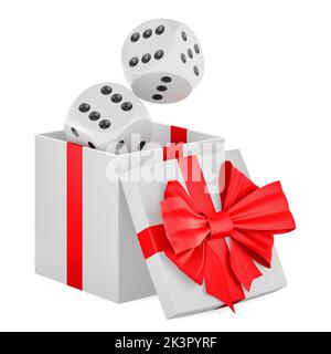 Dadi all'interno della confezione regalo, 3D rendering isolato su sfondo bianco Foto Stock