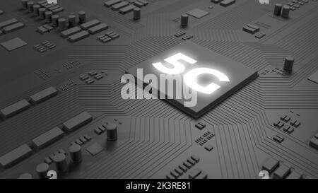 Chip 5G. Chip grigio scuro sulla scheda a circuito stampato. Tecnologia di base. rete 5g. illustrazione 3d. Foto Stock