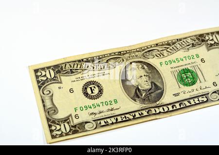 Lato opposto di $20 $venti dollari banconote in denaro serie 1995 con il ritratto del presidente Andrew Jackson, vecchia banconota americana, vintage Foto Stock