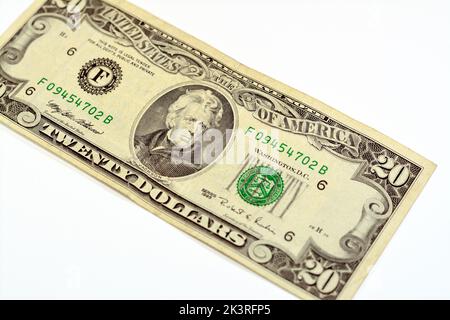 Lato opposto di $20 $venti dollari banconote in denaro serie 1995 con il ritratto del presidente Andrew Jackson, vecchia banconota americana, vintage Foto Stock