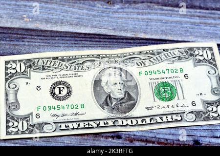 Lato opposto di $20 $venti dollari banconote in denaro serie 1995 con il ritratto del presidente Andrew Jackson, vecchia banconota americana, vintage Foto Stock