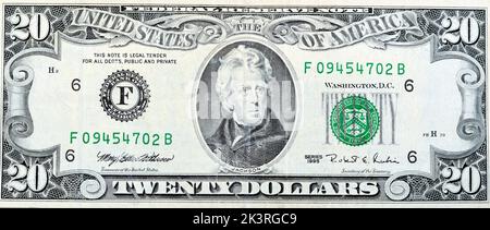 Grande frammento del lato obverse di $20 $venti banconote di dollari la serie 1995 con il ritratto del presidente Andrew Jackson, vecchio ba americano di soldi Foto Stock